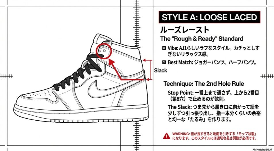 上から2番目の穴で止める「ルーズレースト」の完成図と適度なたるみの作り方
