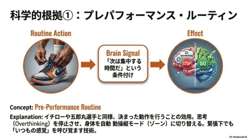 決まった動作(Routine Action)が思考停止(Stop Overthinking)を促し、直感的なプレー(Instinct)へ繋がるフローチャート。