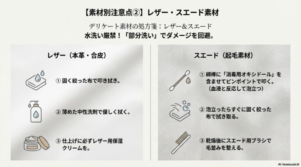 レザーは拭き取り、スエードはオキシドールと綿棒を使って部分的に汚れを落とす方法のイラスト解説。