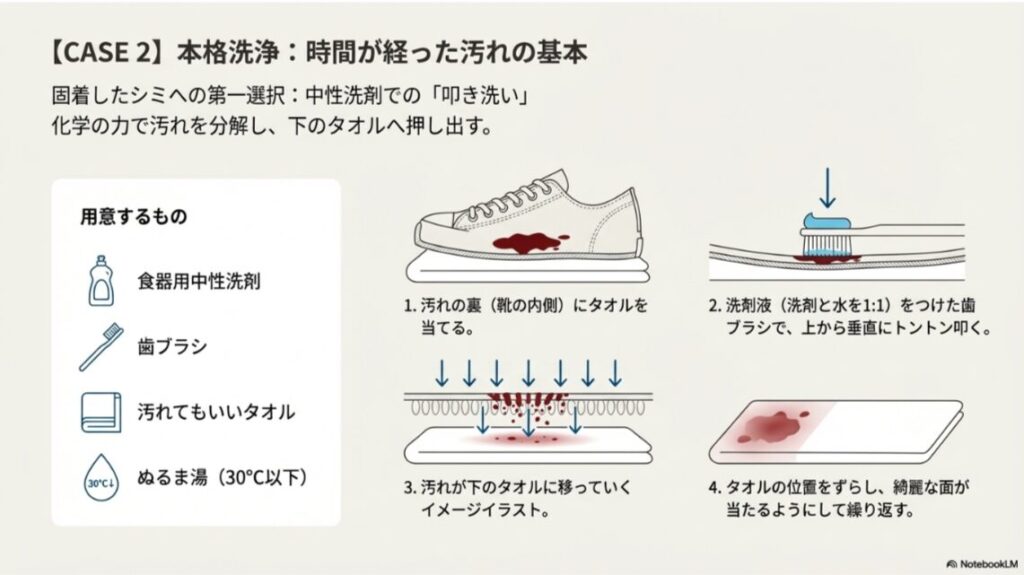 歯ブラシと洗剤液を使い、汚れの裏にタオルを当てて上からトントンと叩き、下のタオルに汚れを移す仕組みのイラスト。