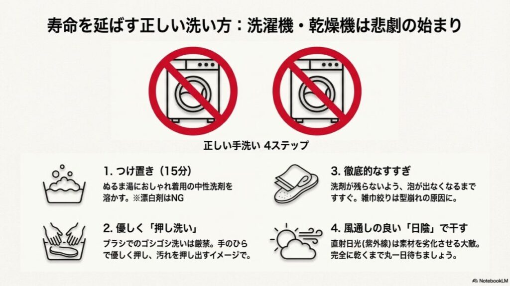 洗濯機の使用禁止マークと、つけ置き・押し洗い・陰干しを行う手洗いの手順