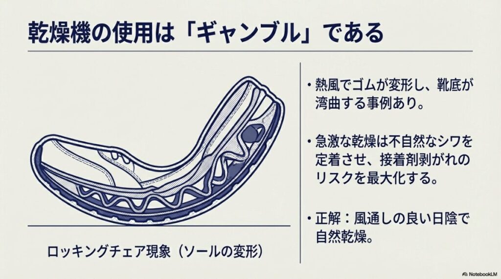 熱風乾燥によってソールが変形し、靴底が湾曲してしまう失敗例の図解