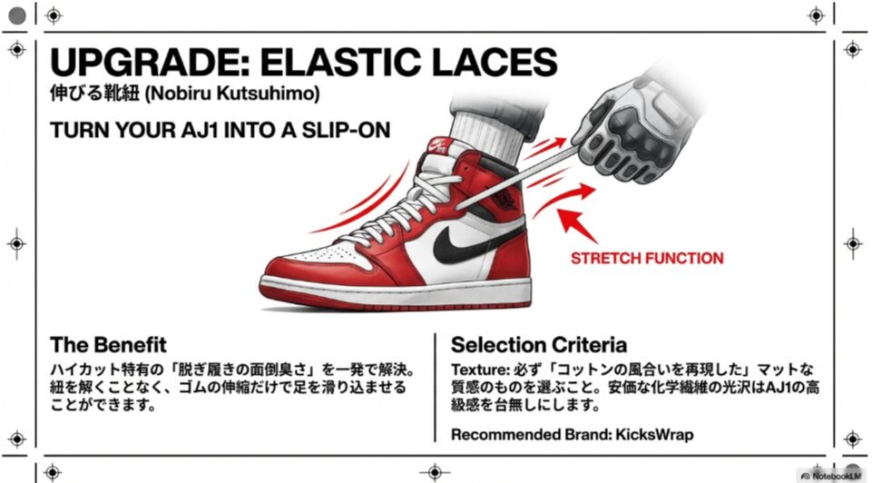 伸縮するゴム紐を使って、紐を解かずにAJ1を着脱するイメージイラスト