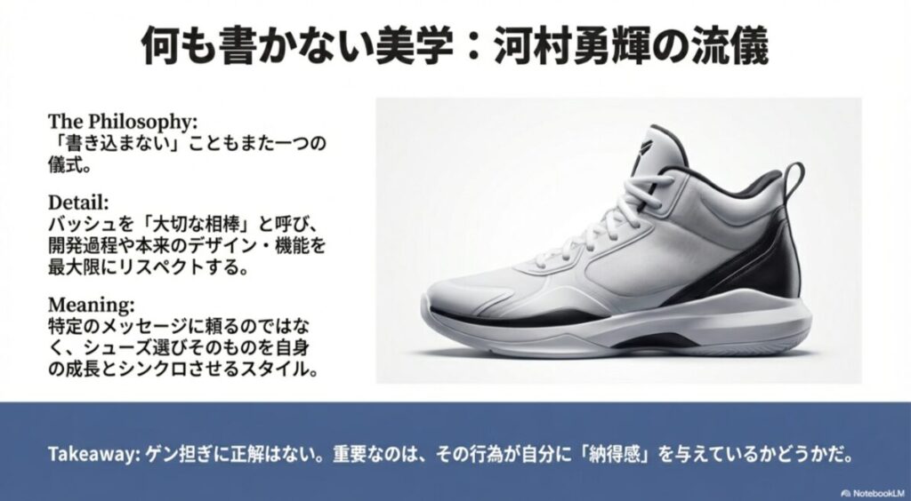 シンプルな白いバッシュの写真。「何も書かないこともまた一つの儀式」という河村勇輝選手の哲学を紹介するスライド。