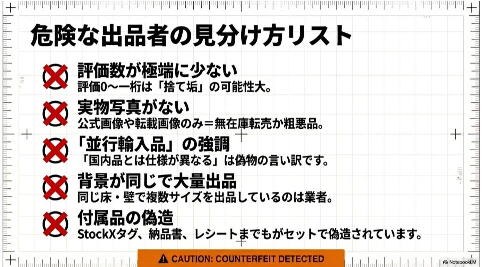 評価数が少ない、実物写真がない、同じ背景で大量出品しているなど、フリマアプリで偽物を販売するアカウントの特徴をまとめたリスト。