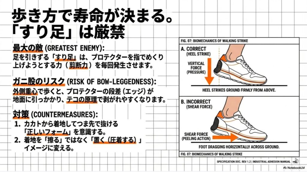 すり足で発生する剪断力と、カカトから着地する垂直荷重の違いを示した図