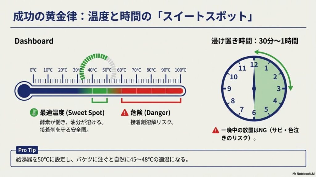 お湯の温度は40度〜50度、時間は30分〜1時間が最適であることを示すメーターと時計の図解