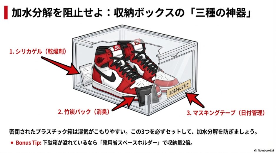 スニーカー収納ボックスに入れるべきシリカゲル、竹炭パック、日付管理用マスキングテープの配置図