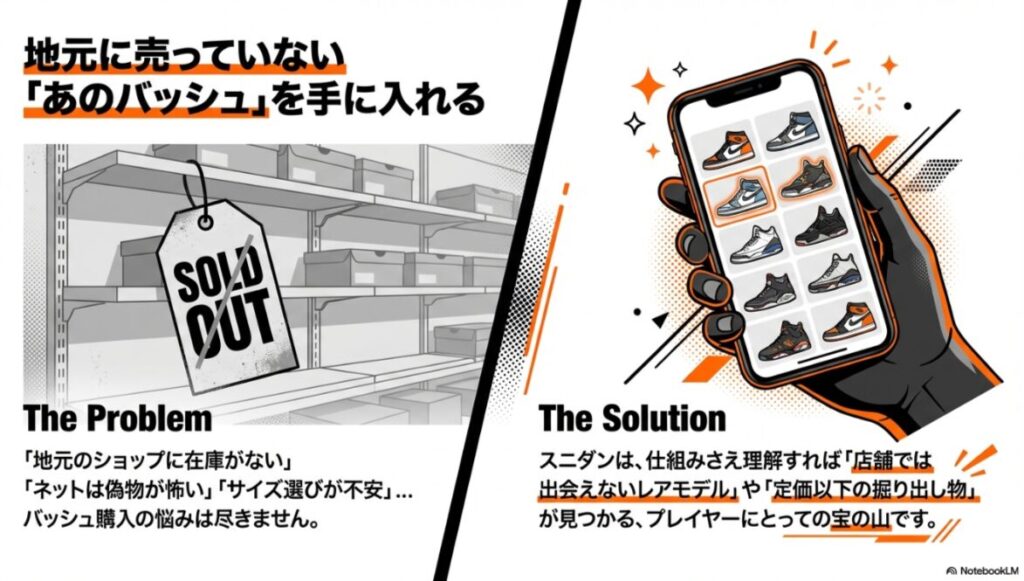 店舗で売り切れている「SOLD OUT」の状況と、スマホのスニダンアプリで豊富な在庫からバッシュを選べる解決策の対比イラスト。