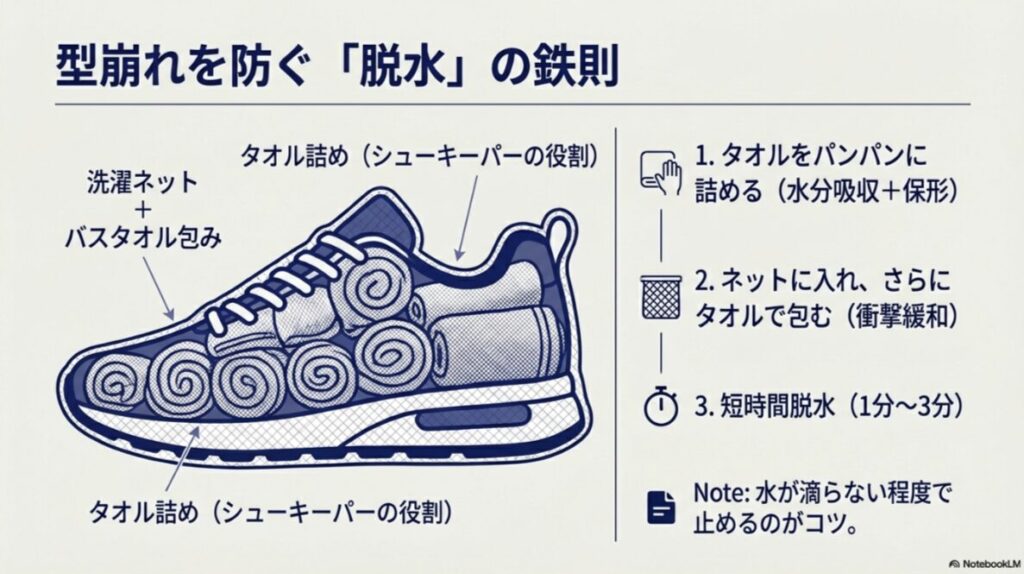 洗濯ネットとバスタオルを使用し、スニーカー内部にタオルを詰めて脱水する手順の図解
