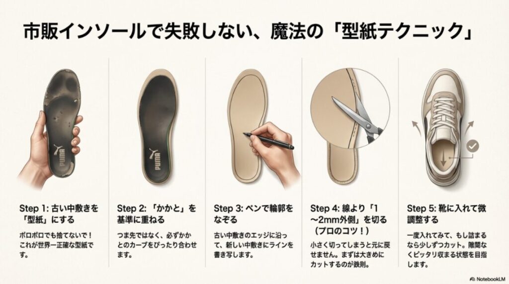 古い中敷きを型紙にして、新しいインソールを少し大きめにカットして調整する方法