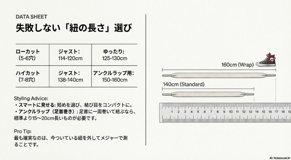 ローカット（5-6穴）とハイカット（7-8穴）それぞれのジャストサイズとゆったりサイズの紐の長さ（cm）をまとめたデータ表。
