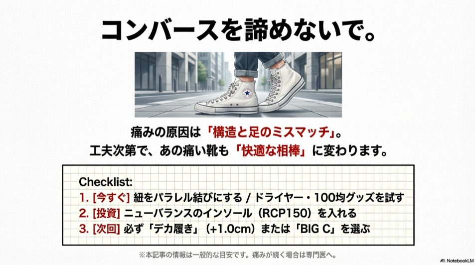 街中でコンバースを快適におしゃれに履きこなしている足元のイラスト。「コンバースを諦めないで」というメッセージ