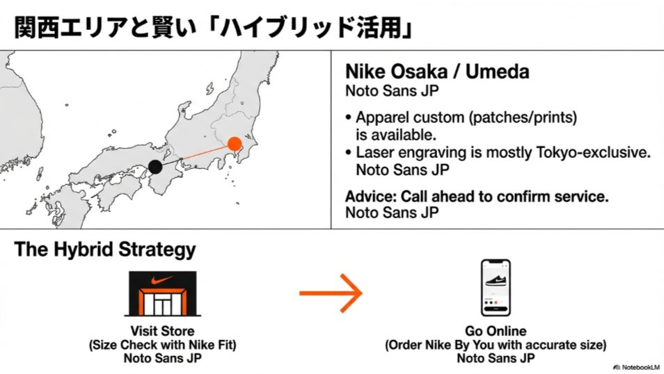 大阪・関西エリアの店舗でNike Fitによるサイズ計測を行い、Nike By Youはオンラインで注文するハイブリッド活用法の図解