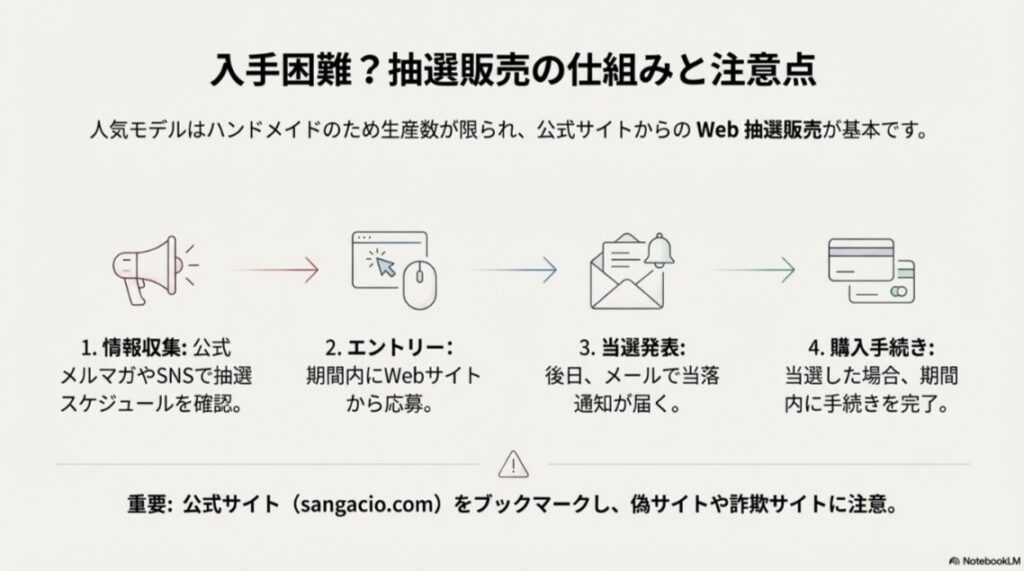 情報収集から当選発表、購入手続きまでの抽選販売フローチャート