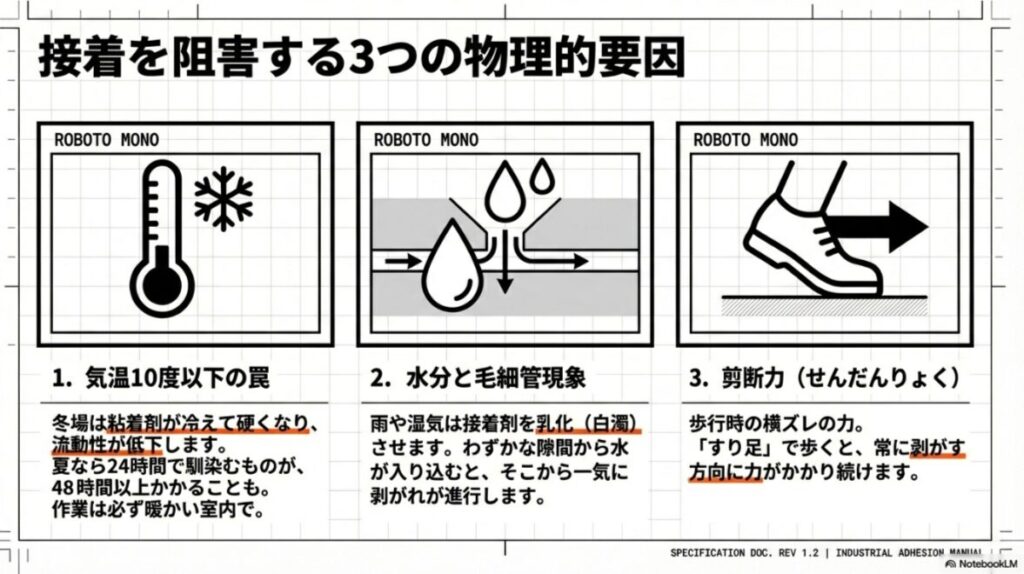 低温、水分、歩行時のズレる力が接着に悪影響を与えることを示すアイコン
