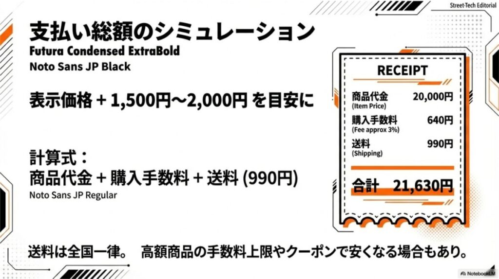 商品代金に加え、購入手数料、送料(全国一律990円)を加算した支払い総額のレシートイメージ。