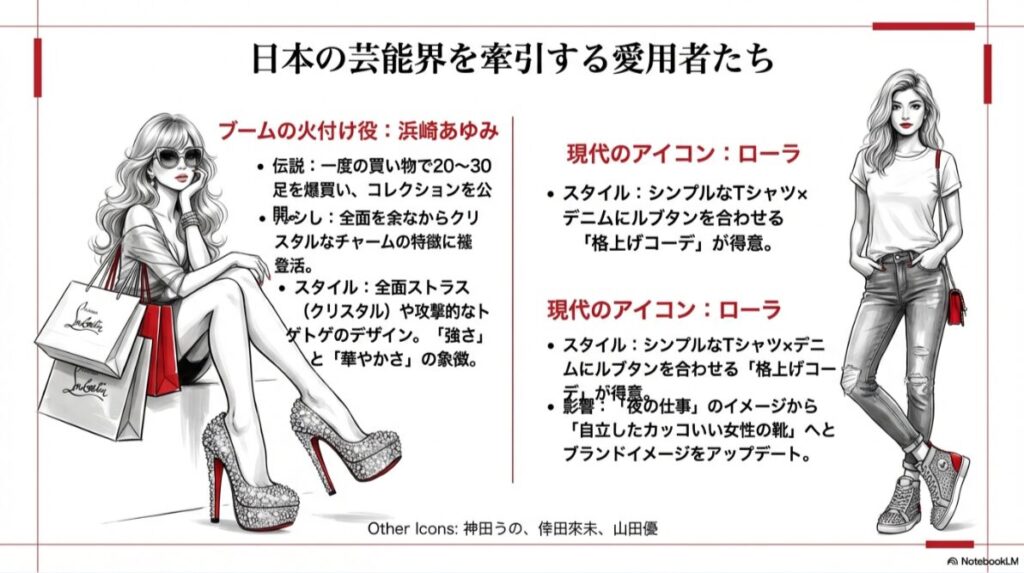 浜崎あゆみやローラなど、日本の芸能界におけるルブタン愛用者のスタイルと特徴をまとめたスライド。