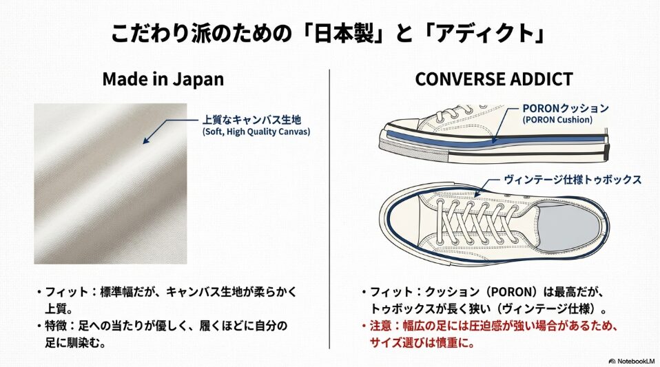 日本製（メイドインジャパン）の上質なキャンバス生地の質感と、アディクトのヴィンテージ仕様で細長いトゥボックスの形状比較図