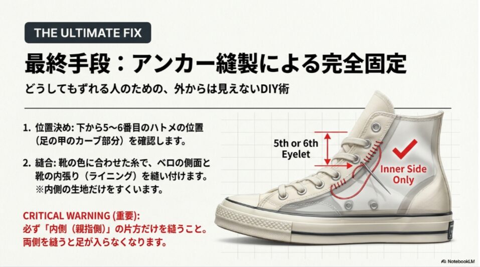 コンバースのベロを内側のライニングに縫い付ける図解。下から5〜6番目のハトメ位置で、内側（Inner Side）のみを縫合するポイントを示している。