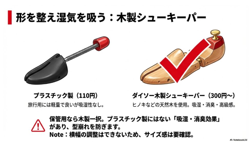 吸湿効果のある木製シューキーパーと軽量なプラスチック製キーパーの比較イラスト