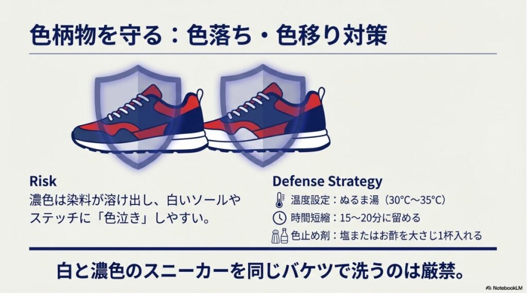 泣きを防ぐための低温設定、短時間処理、塩や酢を使った色止めテクニックの解説