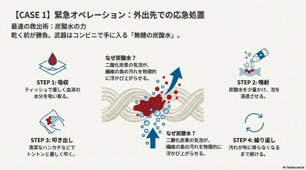 炭酸水を使った4ステップの図解。1.吸収、2.噴射、3.叩き出し、4.繰り返す手順をイラストで解説。