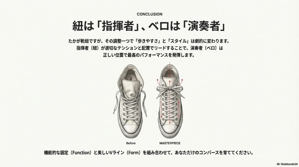 正しく紐が通され、美しいVラインが形成されたハイカットコンバースの真上からの俯瞰図。紐（指揮者）とベロ（演奏者）の調和を表現。