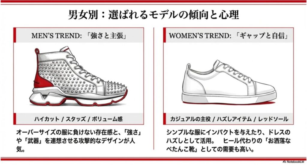 メンズのハイカット・スタッズモデルと、レディースのローカット・シンプルモデルのデザイン比較と選ばれる心理的傾向。