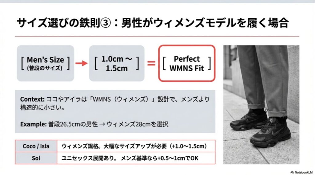 男性がウィメンズ規格を履く際は1.0cm〜1.5cmのアップが必要であることを示す図。普段26.5cmなら28cmを選ぶ例が記載されている。