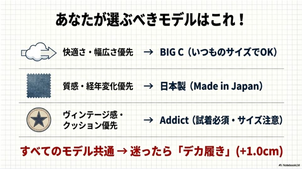 快適さ重視ならBIG C、経年変化なら日本製、ヴィンテージならアディクトという目的別のおすすめモデルを示したチャート