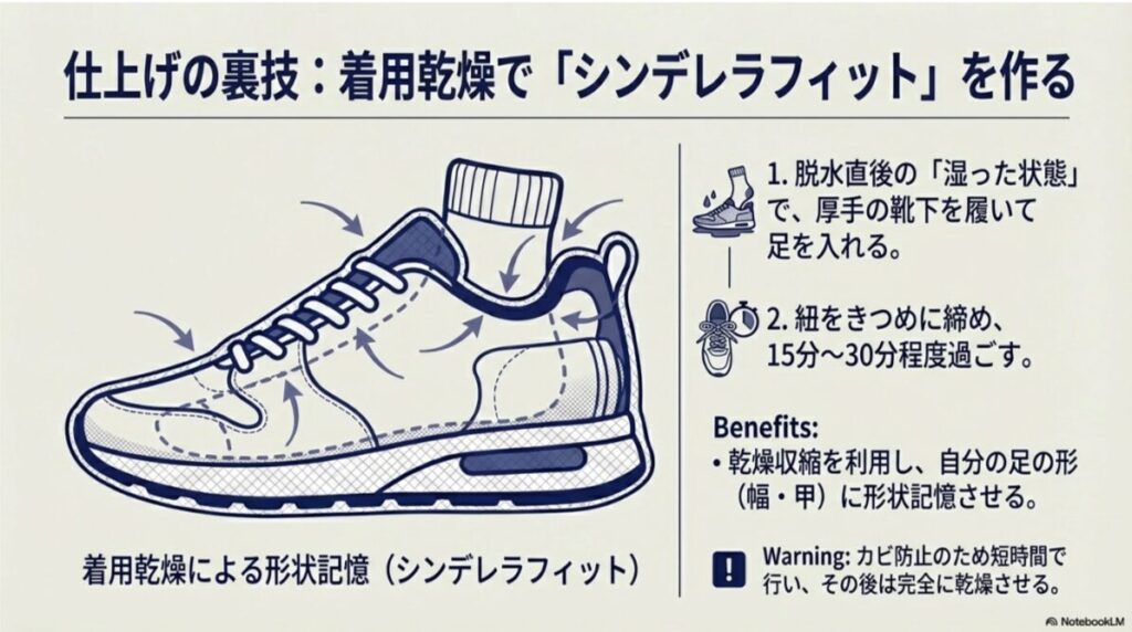 脱水後の湿った状態で靴下を履き、足の形に合わせて形状記憶させる手順のイラスト