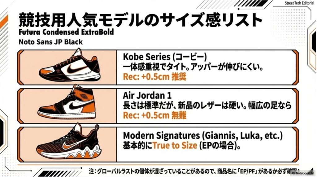 コービーシリーズは+0.5cm、エアジョーダン1は+0.5cm無難、最新シグネチャーはEPならジャストサイズなど、モデル別のサイズ推奨リスト。