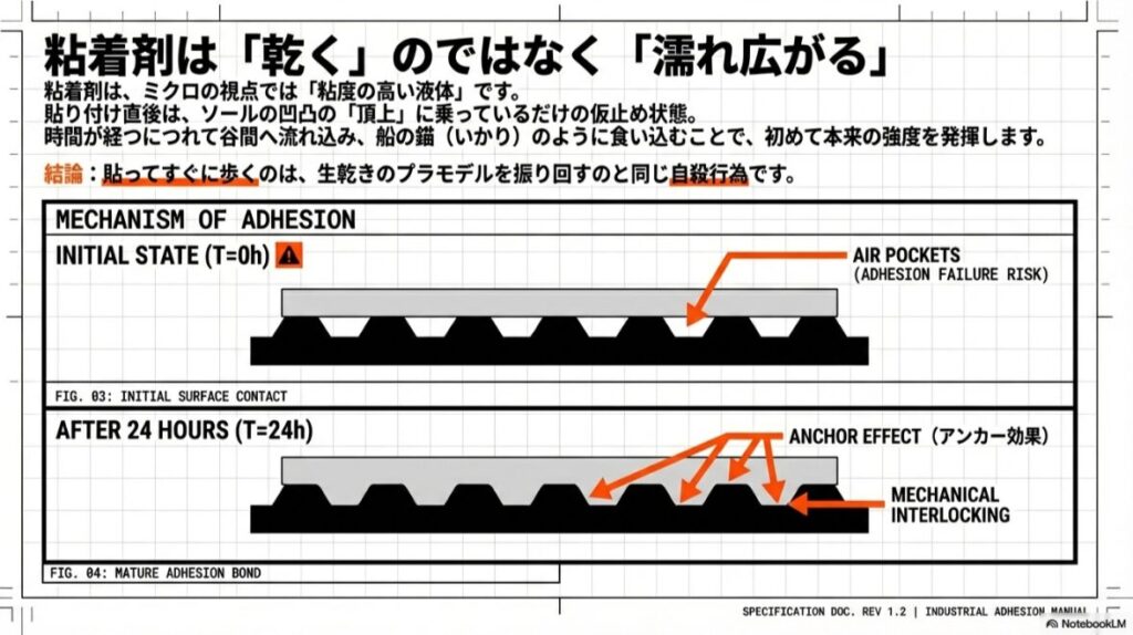 貼り付け直後と24時間後の粘着剤の食い込み具合(アンカー効果)を示す断面図