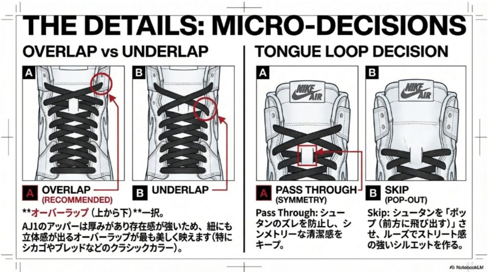 オーバーラップとアンダーラップの比較、およびシュータンループを通す場合と通さない場合の図
