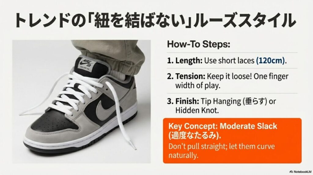 紐を緩めに通し、結び目を作らずに先端を垂らして履くトレンドのルーズスタイルを実践したナイキダンクの写真。