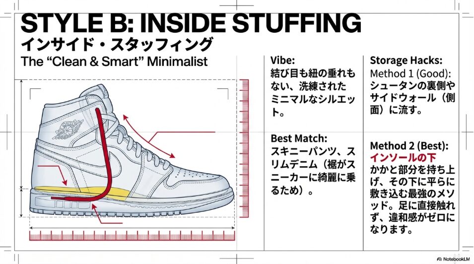 紐をインソールの下や側面に隠してミニマルに見せるテクニックの図解