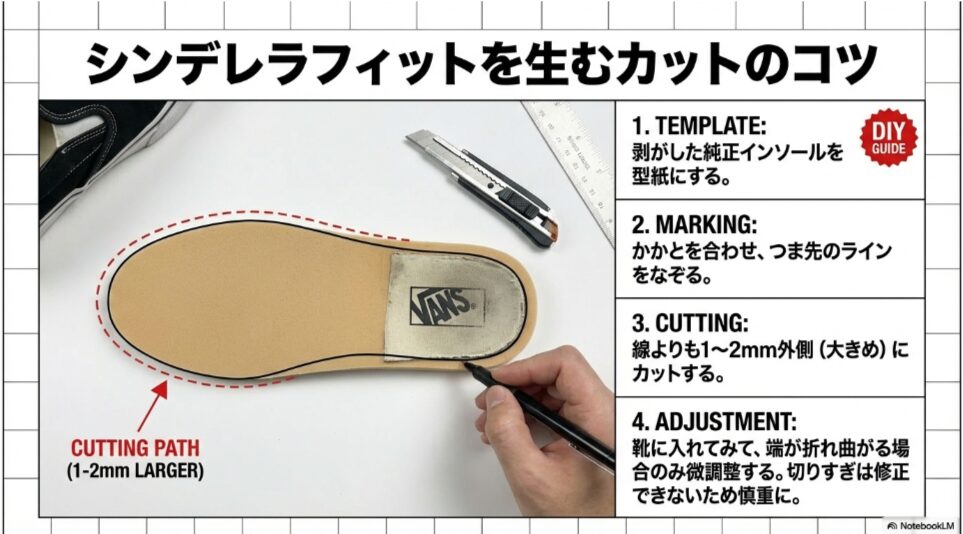 剥がした純正インソールを新しいインソールに重ねて型を取り、線よりも1〜2mm大きめにカットして微調整する手順を示した写真解説。