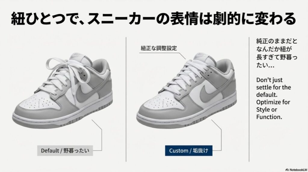 純正の長い紐で野暮ったく見える状態と、長さを調整して垢抜けた状態のダンクを比較した画像。