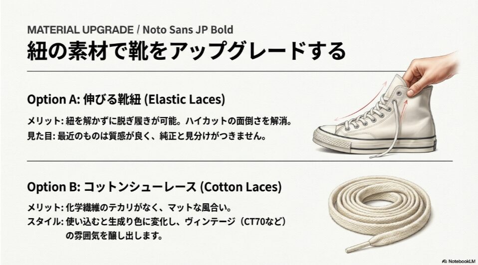 ロール状に巻かれた靴紐のイラスト。脱ぎ履きが楽な「伸びる靴紐」と、ヴィンテージ感が出る「コットンシューレース」の選択肢を紹介。