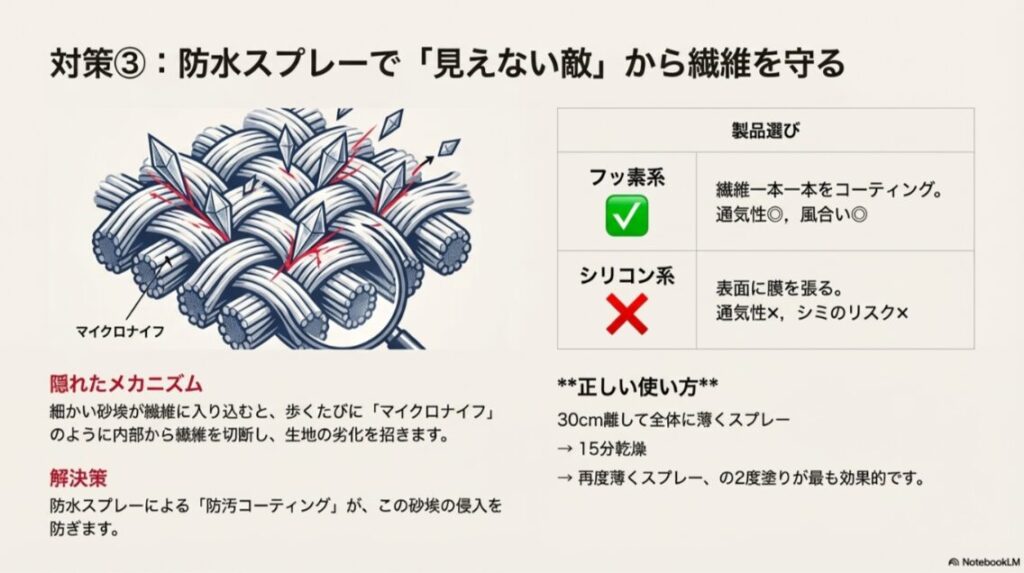 繊維の奥に入り込んだ砂埃が動くたびに繊維を切断する様子と、フッ素系防水スプレーでそれを防ぐ仕組みのイメージ図。