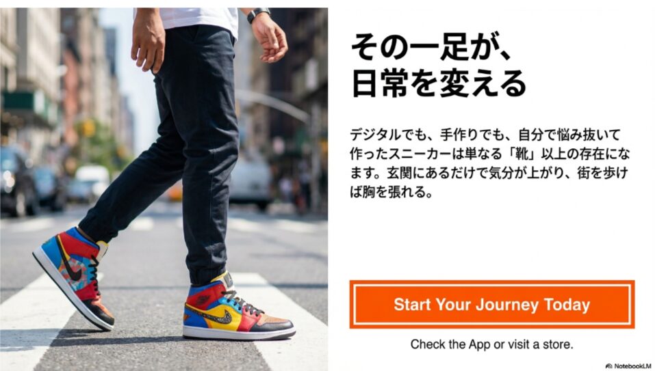 自分でデザインしたオリジナルのエアジョーダン1を履いて、街を歩いている男性の足元