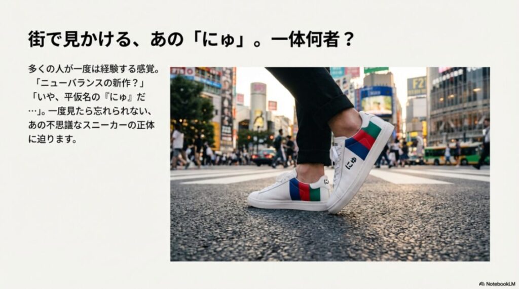 街中で見かける「にゅ」のロゴが入ったトリコロールカラーのスニーカー着用イメージ