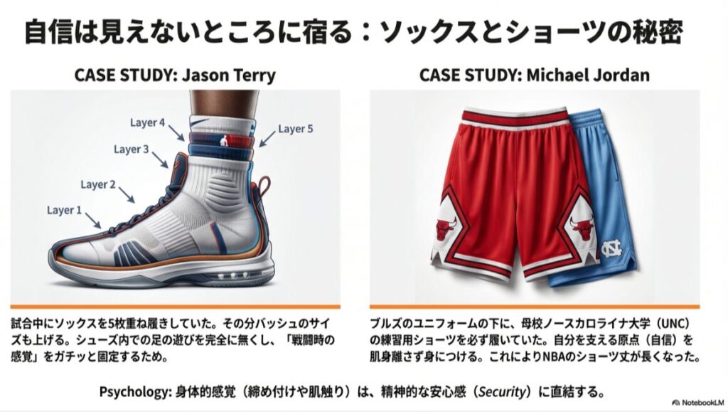 バッシュ内部のソックスのレイヤー構造と、ユニフォームの下に履く練習用ショーツを図解したイラスト。ジェイソン・テリーとマイケル・ジョーダンの事例。