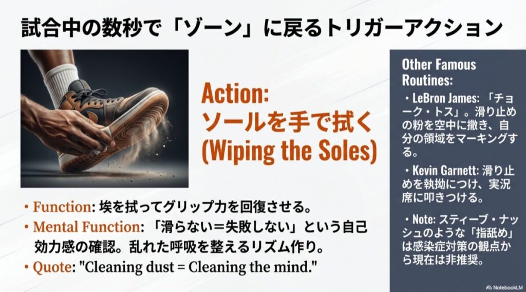 バッシュのソールを手で拭く動作のイラスト。「Cleaning dust = Cleaning the mind」というメンタル効果の解説。