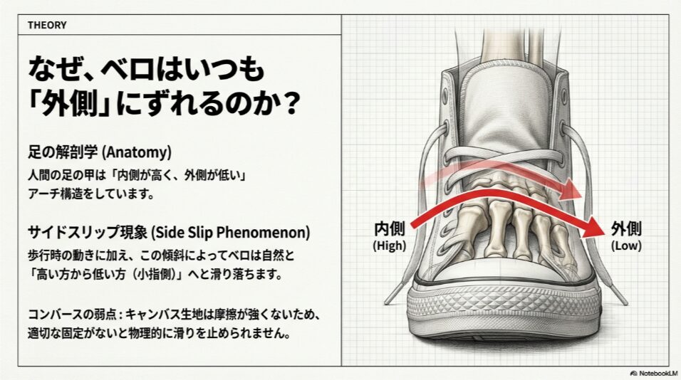 人間の足の甲の断面図。内側が高く外側が低いアーチ構造のため、ベロが高い方から低い方（小指側）へ滑り落ちる仕組みを図解したもの。