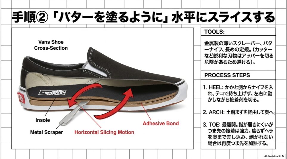 靴の断面図を使用し、金属製のスクレーパーやバターナイフをインソールと中底の間に水平に差し込み、スライスするように剥がしていく動作を示した図解。