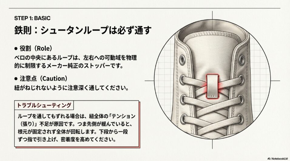 ベロの中央にあるループに紐を通している拡大図。メーカー純正のストッパーとしての役割と、紐がねじれないように通す注意点を解説。