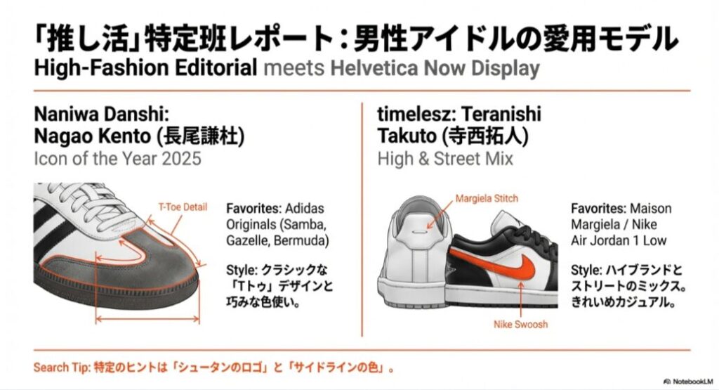 なにわ男子・長尾謙杜のアディダス愛用モデルと、timelesz・寺西拓人のハイ＆ストリートミックススタイルを解説した、特定班向けレポート風画像。