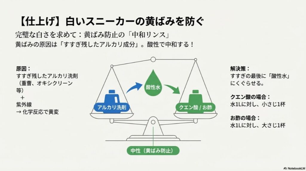 アルカリ洗剤を酸性水(クエン酸やお酢)で中和し、黄ばみを防止する化学反応を天秤で表現したイラスト。
